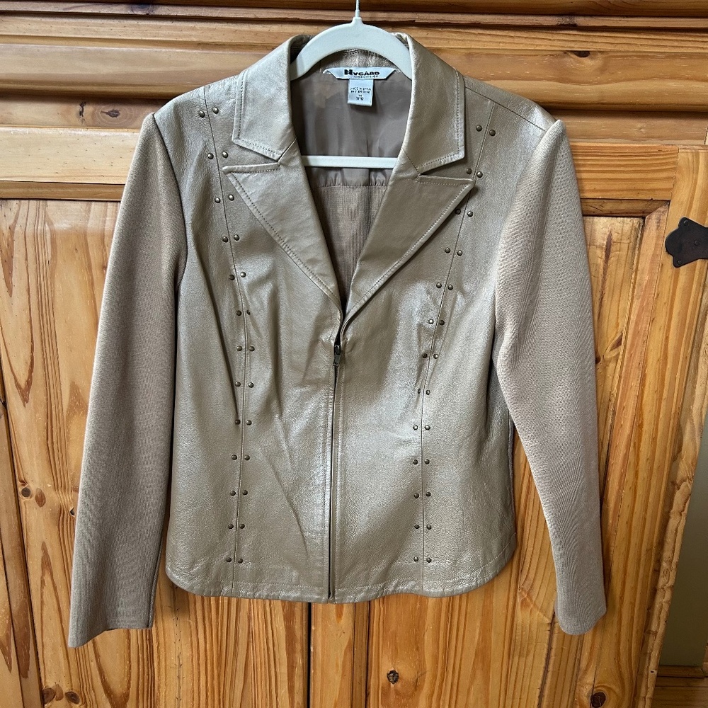 Peter Nygard‎ jacket Leather Knit Combo Tan Sweater Coat Women's Medium